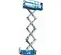 Side view of an extended blue Genie scissor lift with platform with a safety railing.