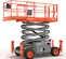 Side view of a retracted orange Skyjack scissor lift with safety rails.