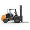 Side view of an orange rough terrain forklift with black tires and straight lifting mast with black forks extended.