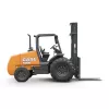 Side view of an orange CASE rough terrain forklift with black tires, a straight lifting mast and an open operator cabin.