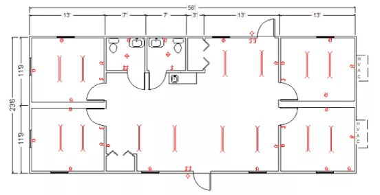 Mobile office with 2 restrooms floor plan