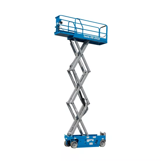 Side view of an extended blue Genie scissor lift with platform with a safety railing.