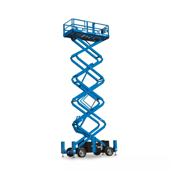 Side view of an extended blue Genie scissor lift with guardrails.