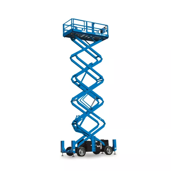 Side view of an extended blue Genie scissor lift with guardrails.