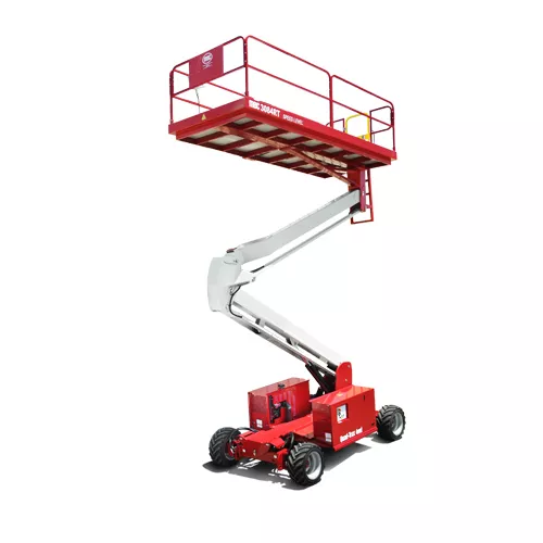 Side view of a partially extended red and silver scissor lift with safety rails.