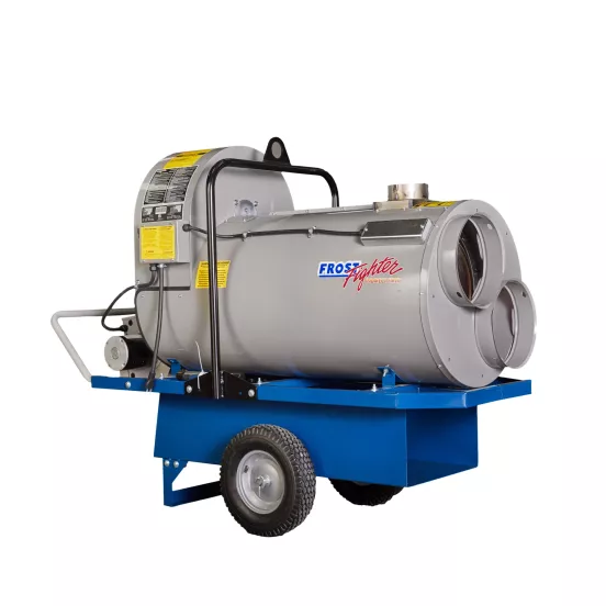 Grey and blue FROSTFGHTR Indirect Fired Heater, 390,000 BTU/h, Propane/Natural Gas Dual Fuel