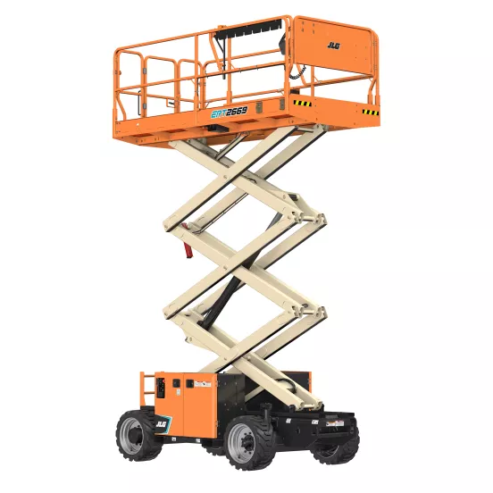 Side angled view of an elevated orange electric-powered rough terrain JLG scissor lift.