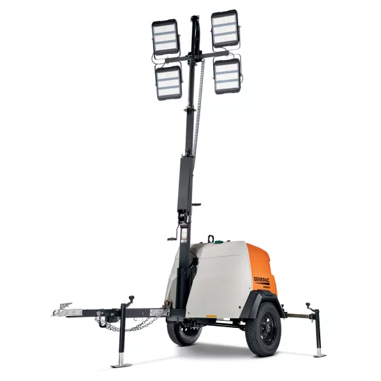 White, orange and black GENERAC Light Tower Vertical Mast Extended Run