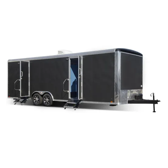 Black Satellite 15-station restroom trailer with doors open