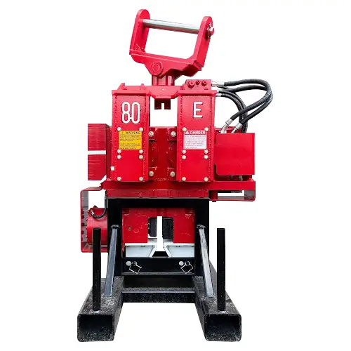 Red and black HPSI 67 ft.-lbs. Vibratory Pile Hammer Attachment for Excavator
