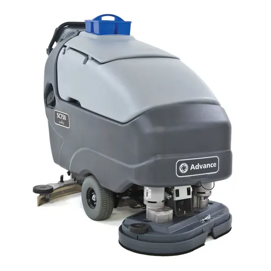 Gray nilfisk walkbehind floor scrubber